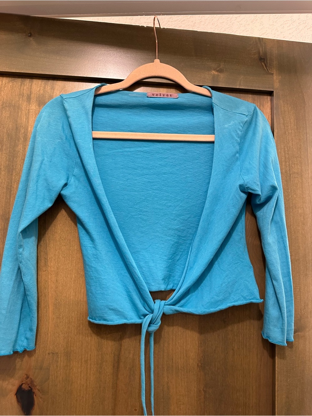 Cotton Teal Tie-Front Cropped Wrap from Velvet